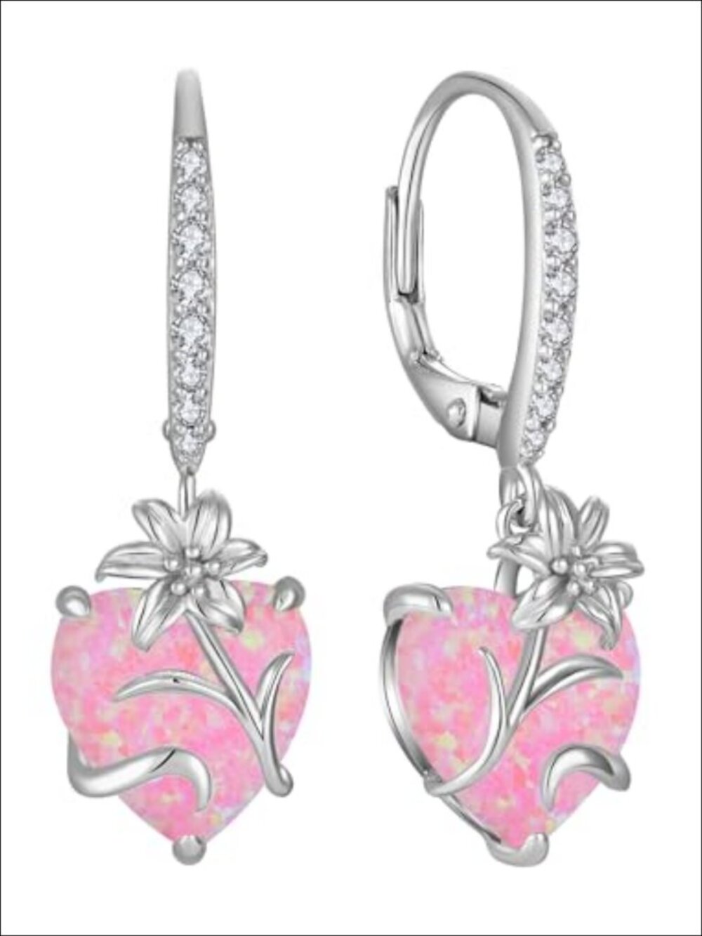 Sterling Silver Heart Dangle Earrings Leverback Created Opal